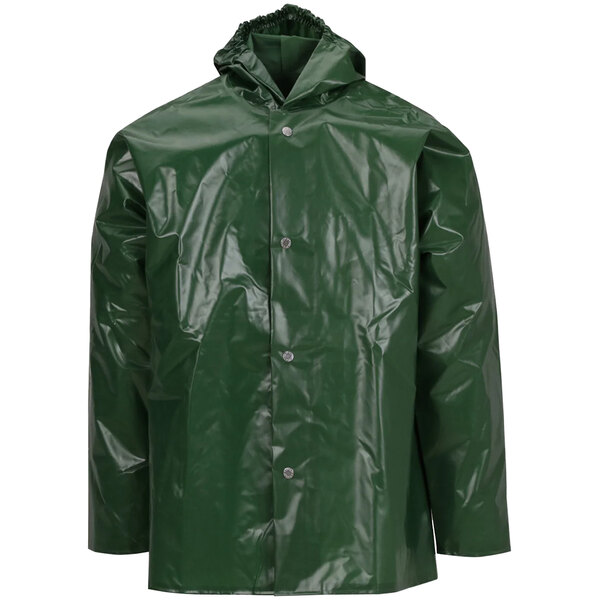 A Tingley green rain jacket with a hood and buttons.