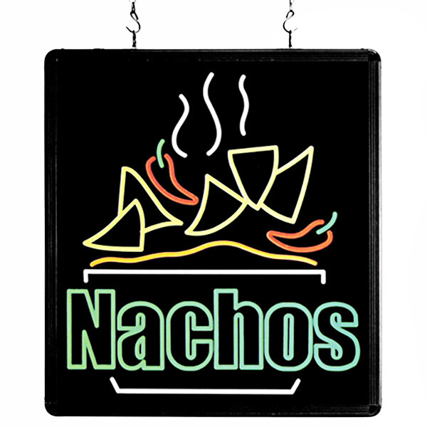 A white LED rectangular sign that says "Nachos" in blue.