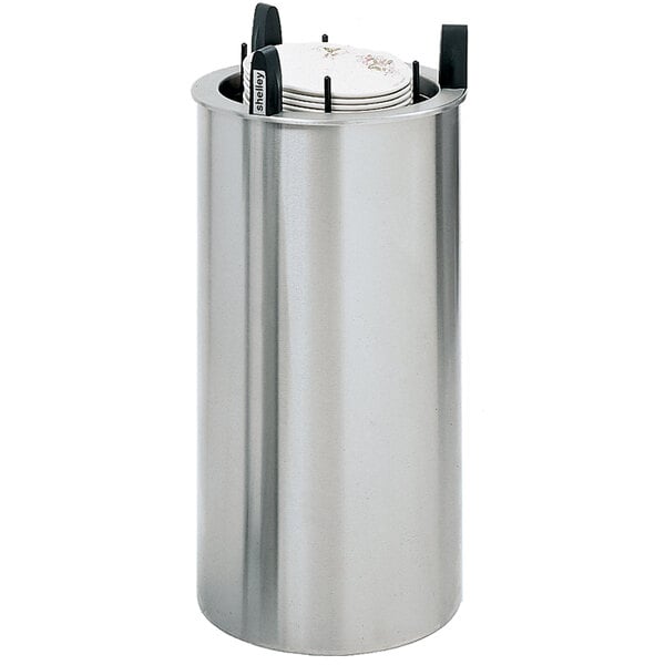 A silver metal Delfield heated dish dispenser with a stack of plates inside.