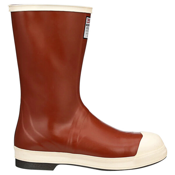 A pair of brick red Tingley Pylon Neoprene steel toe boots with white soles.