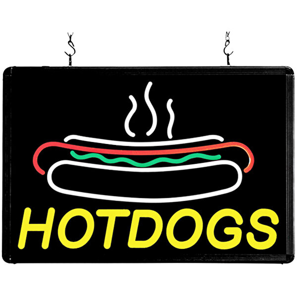 A white rectangular LED neon sign with a hot dog and text that says "Hot Dogs" in blue.