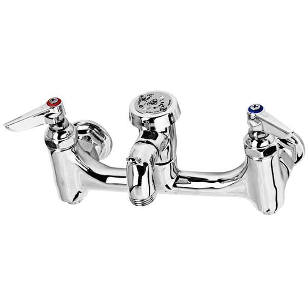 A chrome T&S wall mount mop sink faucet with two handles and adjustable centers.
