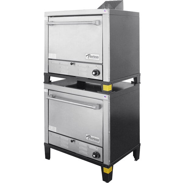 A large stainless steel Peerless Countertop Double Deck Pizza Oven with two stacked ovens.