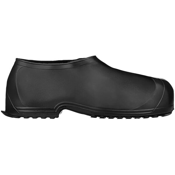 A black rubber Tingley overshoe with a rubber sole.