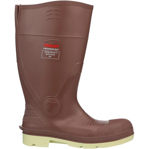 A brown Tingley Premier G2 safety boot with a white sole.
