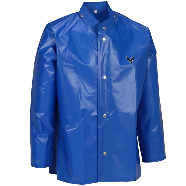 A blue Tingley rain jacket with a black bird on it.