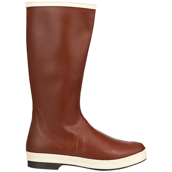 A brick red Tingley Pylon neoprene boot with a white sole.