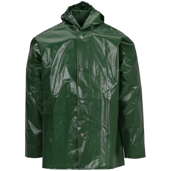A green Tingley Iron Eagle rain jacket with a hood and buttons.