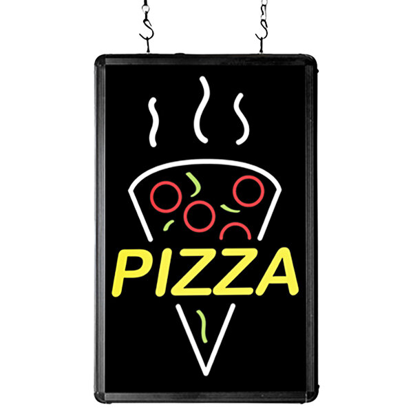 A Winco rectangular LED pizza sign with a pizza on it hanging on a wall.