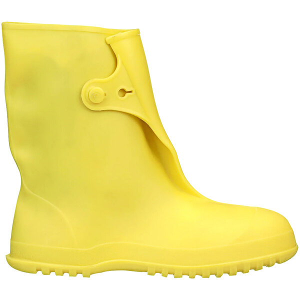 A pair of yellow rubber Tingley Workbrutes overshoes with a button.