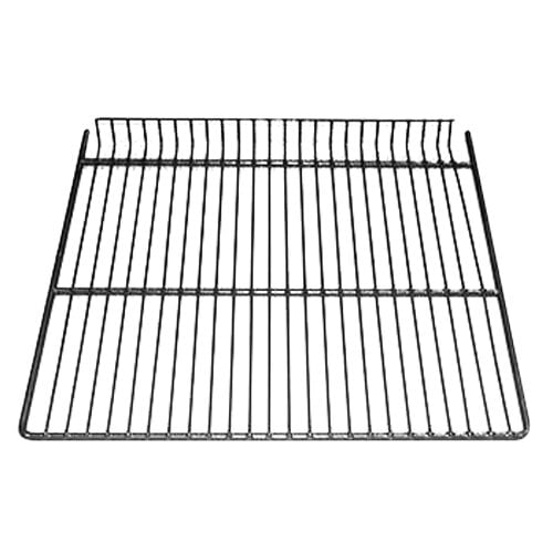 A gray coated wire shelf with bars on a white background.
