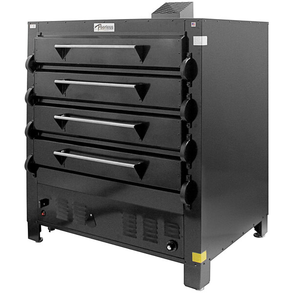 A black rectangular Peerless large capacity liquid propane bake oven with drawers.