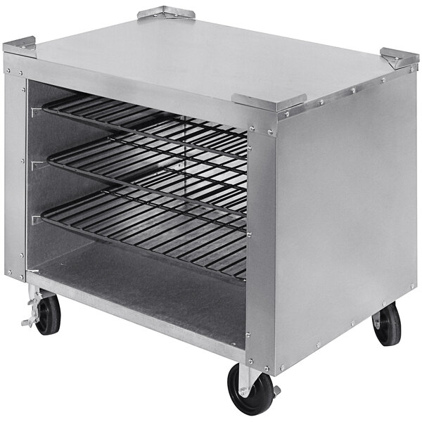 A stainless steel metal cart with shelves and wheels for Peerless countertop pizza ovens.