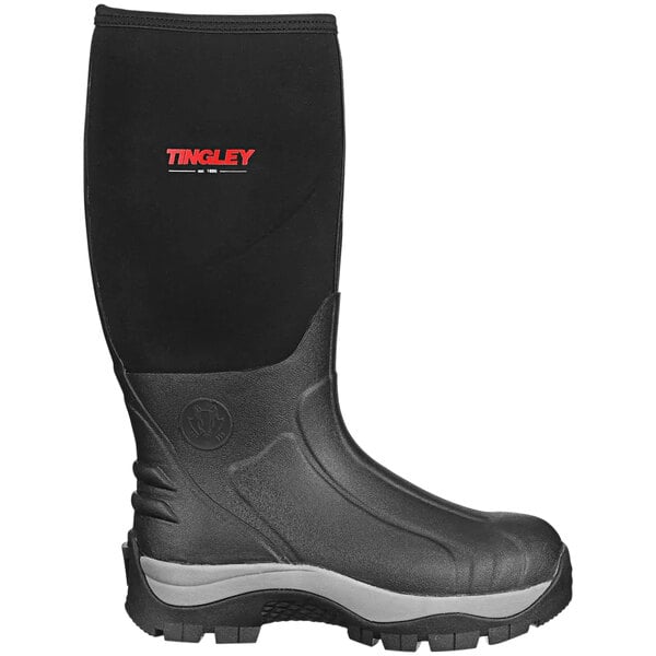 A single black Tingley Badger boot with red text on a white background.