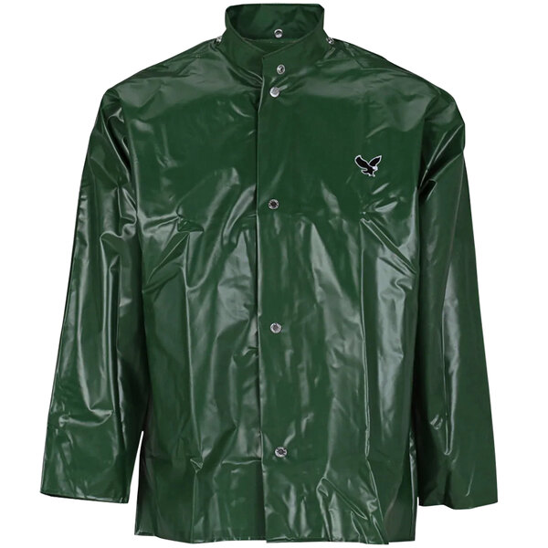 A green Tingley Iron Eagle rain jacket with a black logo.