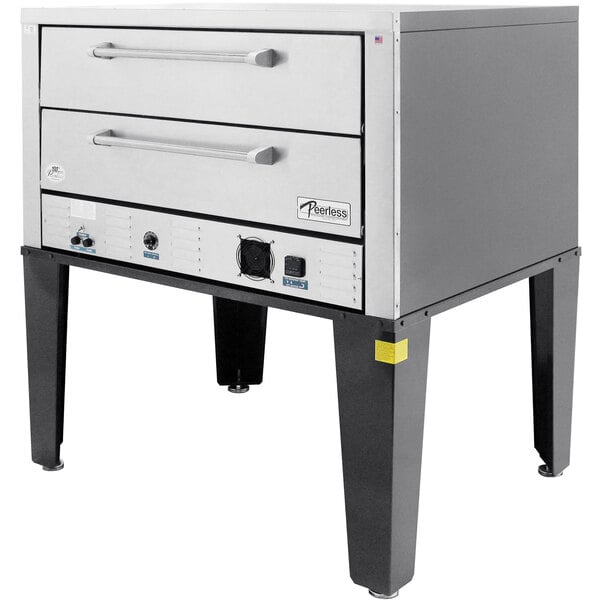 A large rectangular Peerless electric double deck pizza oven with two drawers.