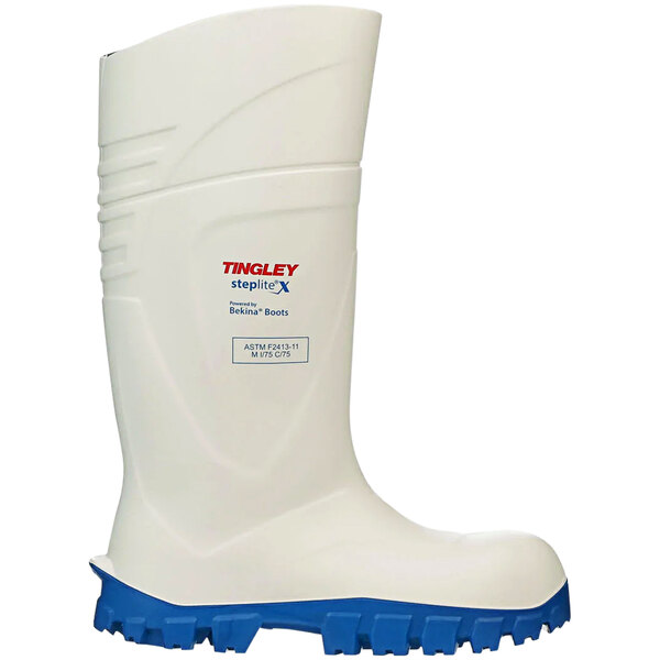 A white Tingley Steplite X waterproof steel toe boot with blue soles and a white label.