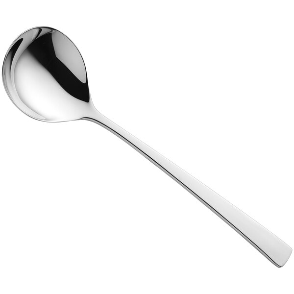 An Amefa Aurora stainless steel soup spoon with a long handle and a silver bowl.