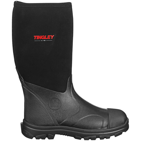 A black Tingley Badger waterproof rubber boot with red trim.