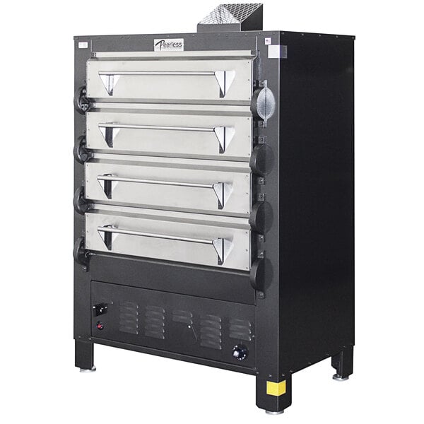 A black and silver Peerless liquid propane pizza deck oven with four drawers.