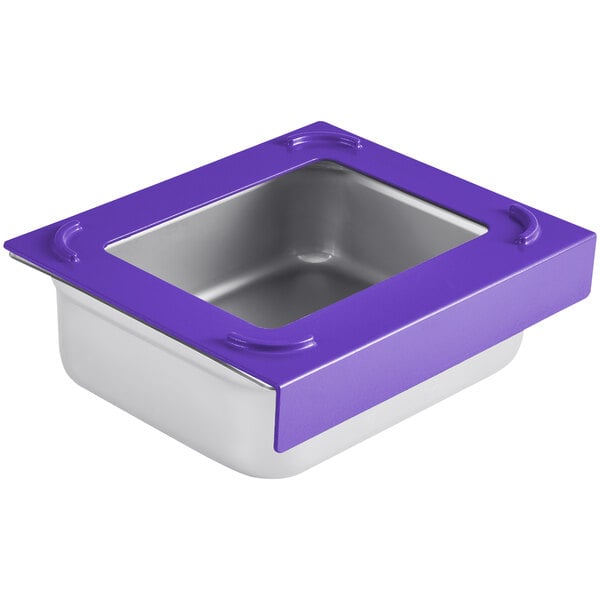 A silver and purple square container with a purple Pan Stackers lid.