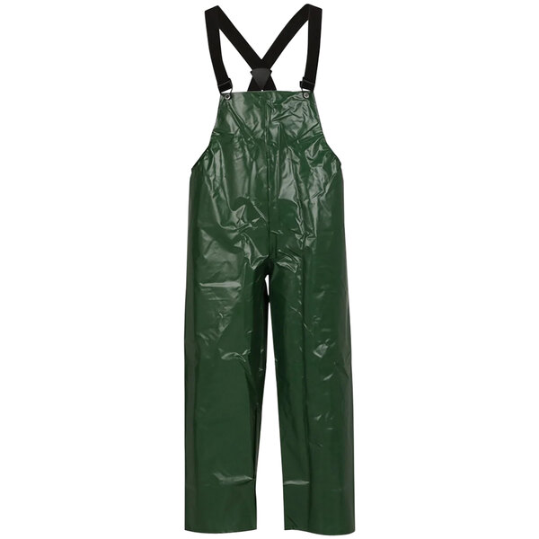 A pair of green Tingley overalls with straps.
