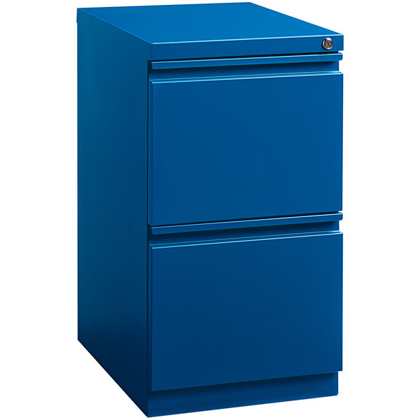 A blue Hirsh Industries mobile pedestal filing cabinet with two drawers.