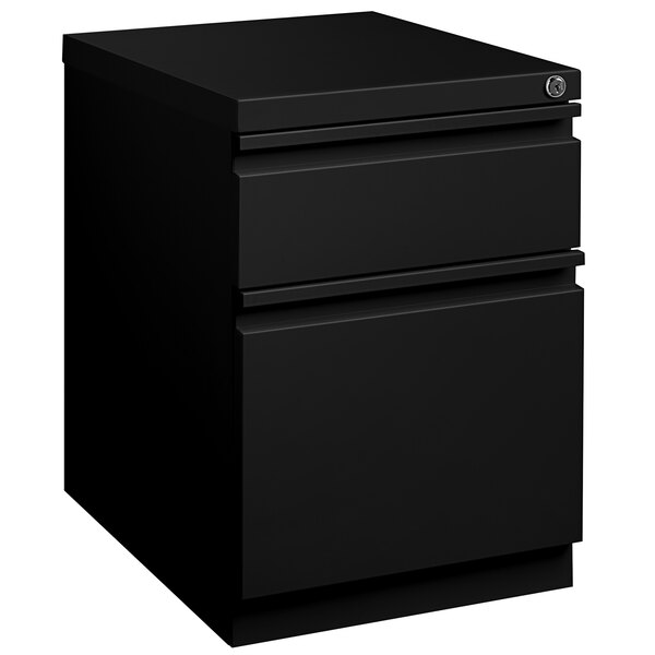 A black Hirsh Industries mobile pedestal filing cabinet with 2 drawers.