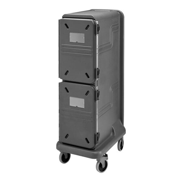 A grey metal cart with wheels and two compartments.