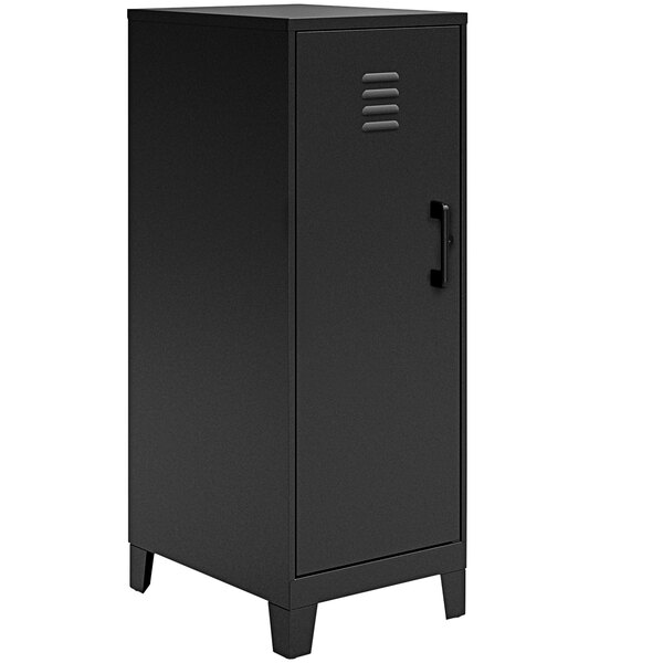 A black metal locker cabinet with a door and handle.