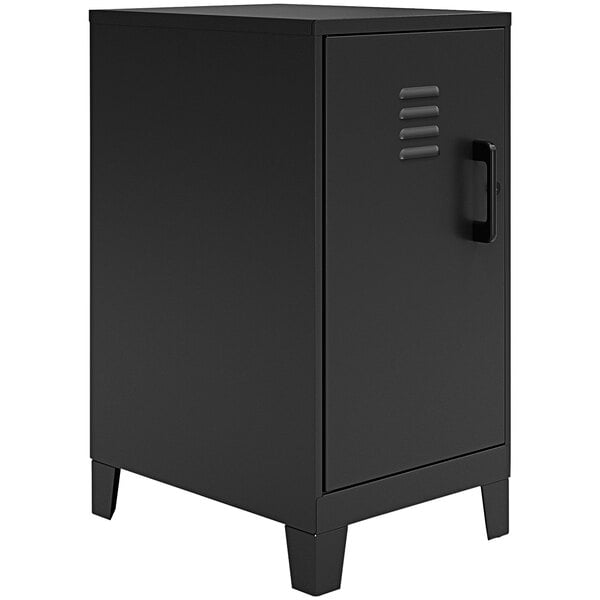 A black Hirsh Industries storage locker cabinet with a door.