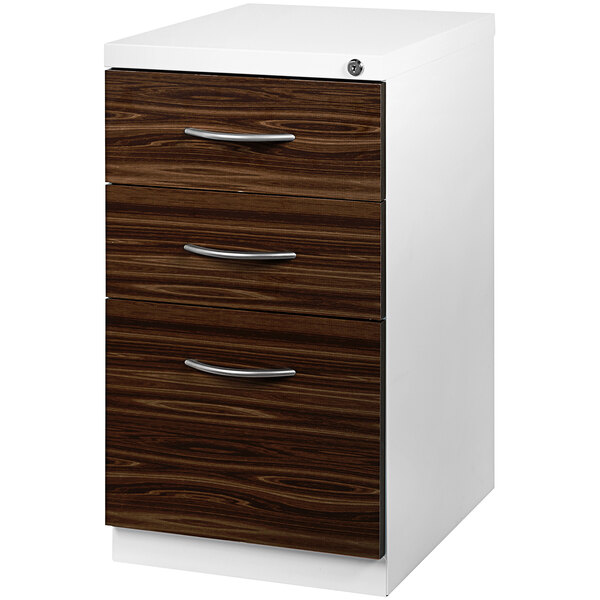 A white Hirsh Industries mobile pedestal filing cabinet with 3 walnut laminate drawers.