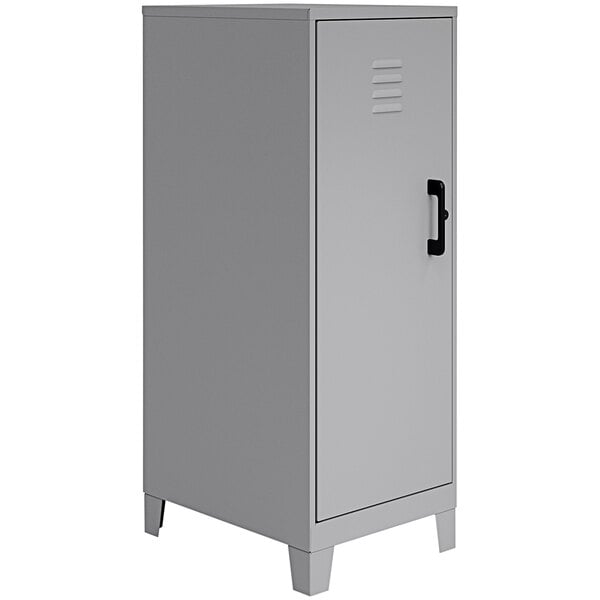 A grey metal locker cabinet with a black handle.