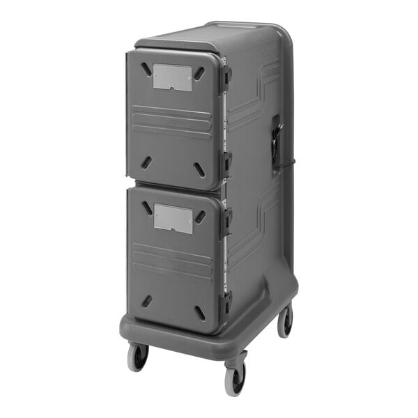 A charcoal gray plastic Cambro food pan carrier with wheels.