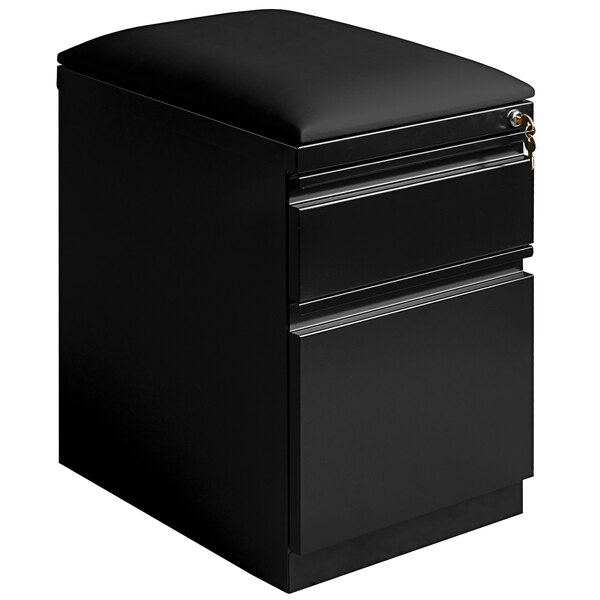 A black Hirsh Industries mobile pedestal filing cabinet with 2 drawers and a black seat cushion.