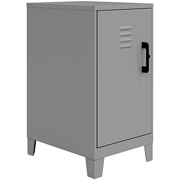 A grey metal locker cabinet with a black handle.
