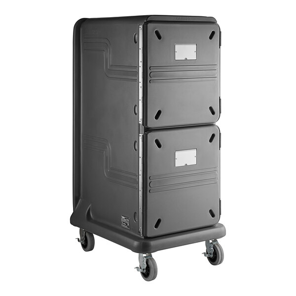 A black metal Cambro Pro Cart Ultra with wheels.