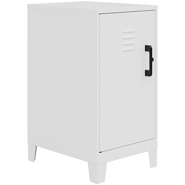 A white metal Hirsh Industries storage locker with a black handle.
