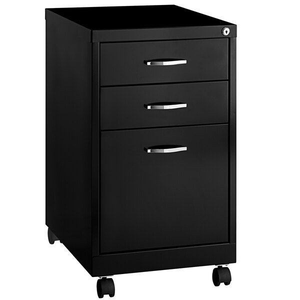 A black file cabinet with wheels and silver handles.