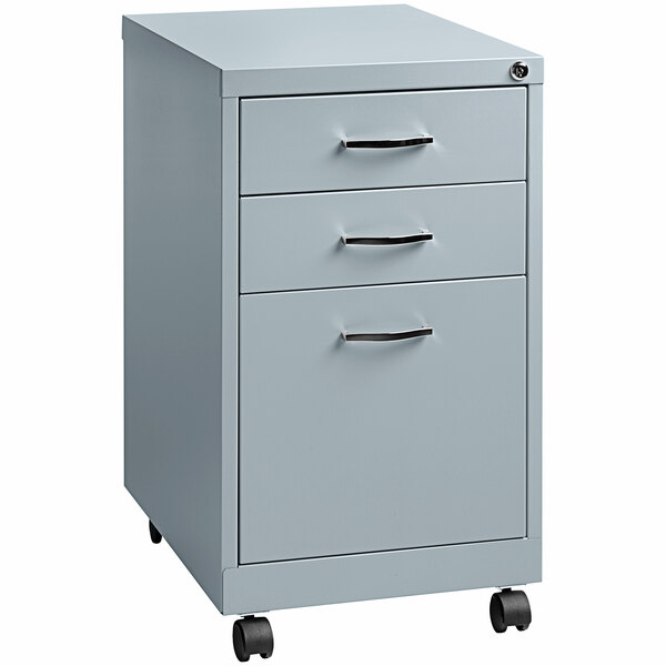 A platinum filing cabinet with silver handles and wheels.