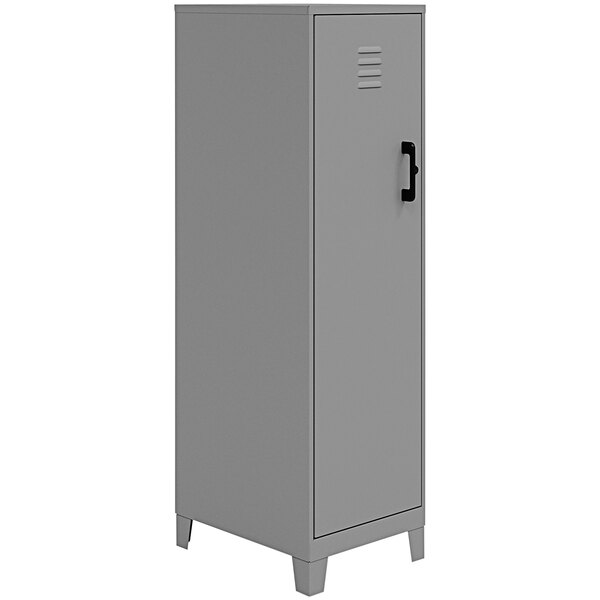 A close-up of a grey Hirsh Industries storage locker cabinet with a black handle.