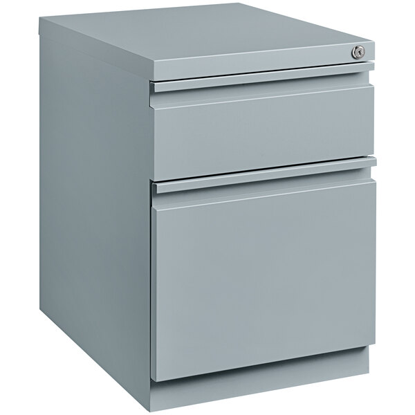 A platinum mobile pedestal filing cabinet with 2 drawers.