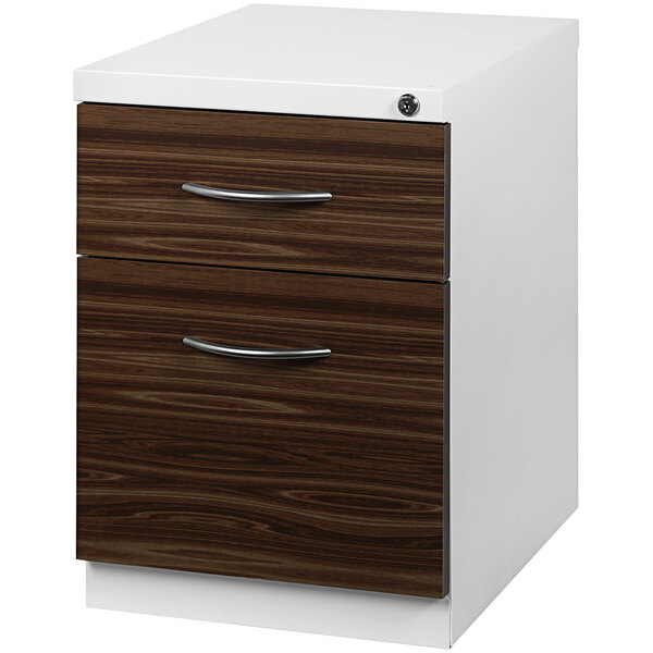 A white Hirsh Industries mobile pedestal filing cabinet with 2 walnut laminate drawers.
