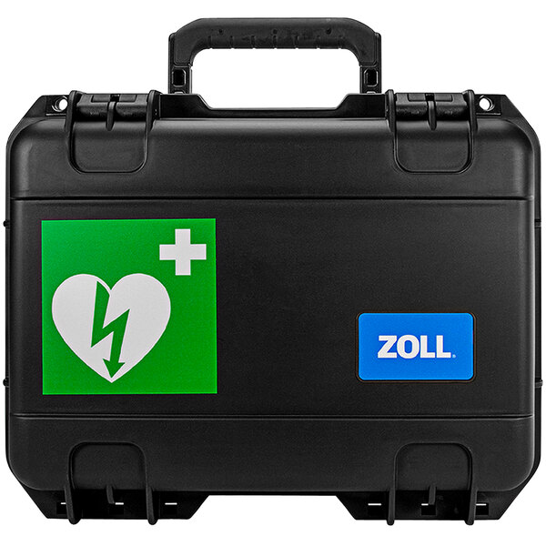 A black Zoll plastic carry case with a green and white cross and heart logo.