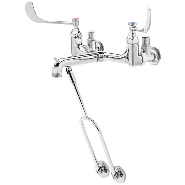 A T&S chrome wall-mounted mop sink faucet with silver wrist action handles.