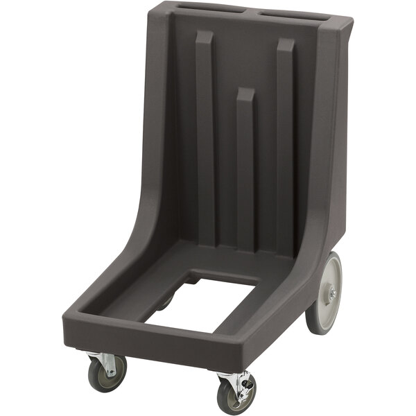 A grey plastic dolly with large rear wheels for Cambro containers.