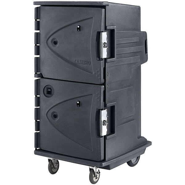 A black plastic Cambro food holding cabinet on wheels with a couple of doors.