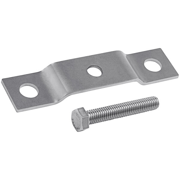 A metal bracket with a hole and a bolt and nut.