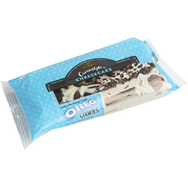 A package of Jon Donaire Oreo cheesecake slices on a white background.