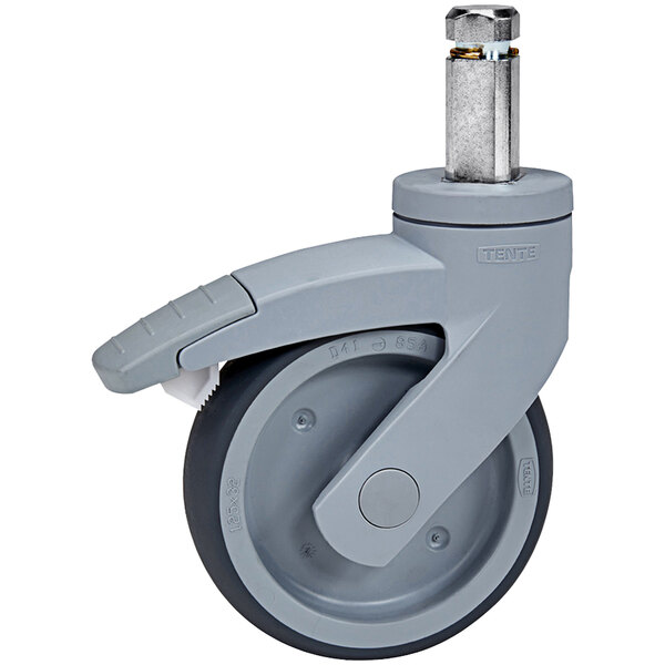 A Cambro Camshelving® Premium Series swivel caster with a grey wheel and metal nut.